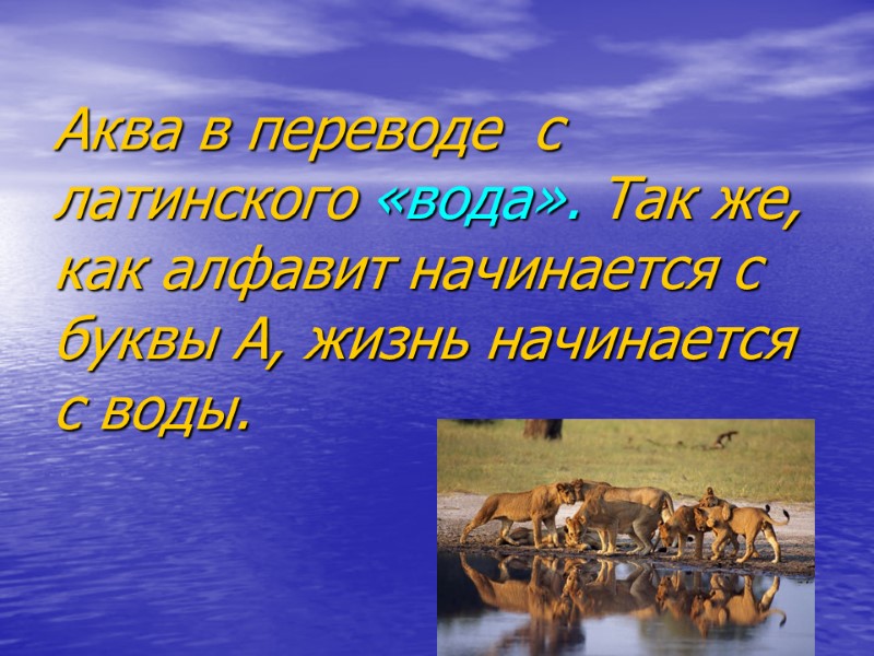 Аква в переводе  с латинского «вода». Так же, как алфавит начинается с буквы